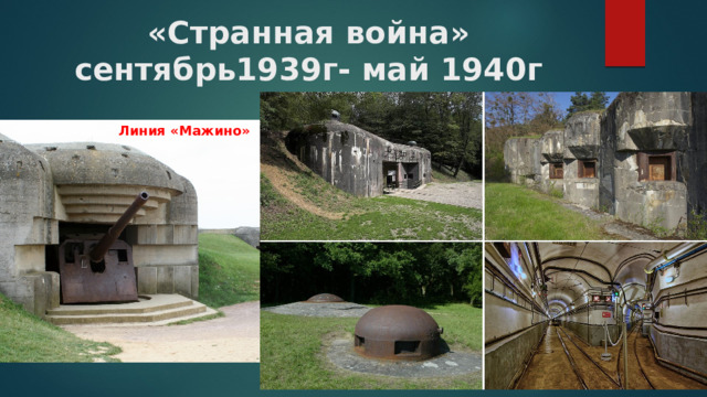 «Странная война»  сентябрь1939г- май 1940г Линия «Мажино» 