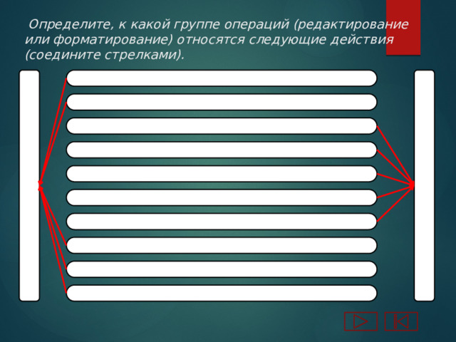  Определите, к какой группе операций (редактирование или форматирование) относятся следующие действия (соедините стрелками). Редактирование Форматирование Замена одного символа на другой Вставка пропущенного слова Изменение шрифта Выравнивание текста по ширине Автоматическая проверка правописания Изменение междустрочного расстояния Изменение размеров полей страницы Удаление ошибочного символа Поиск и замена Перемещение фрагмента текста 