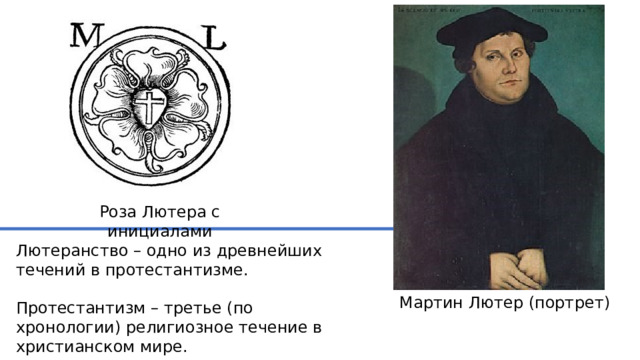 Роза Лютера с инициалами Лютеранство – одно из древнейших течений в протестантизме. Протестантизм – третье (по хронологии) религиозное течение в христианском мире. Мартин Лютер (портрет) 