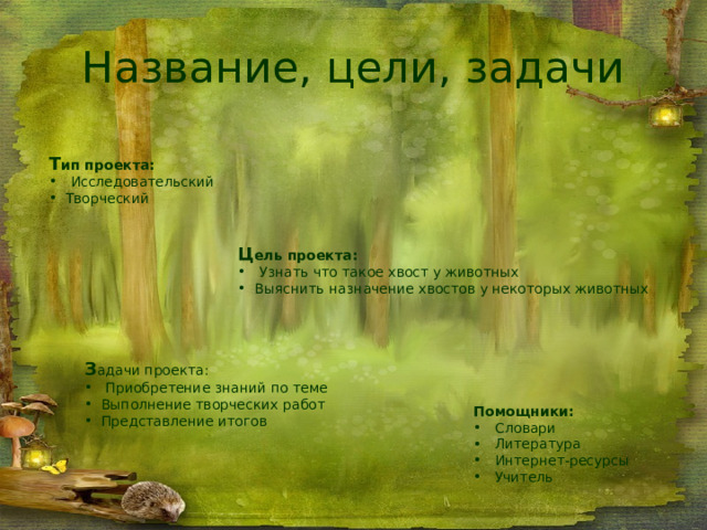 Название, цели, задачи Т ип проекта:  Исследовательский Творческий Ц ель проекта:  Узнать что такое хвост у животных Выяснить назначение хвостов у некоторых животных З адачи проекта:  Приобретение знаний по теме Выполнение творческих работ Представление итогов Помощники:  Словари  Литература  Интернет-ресурсы  Учитель 