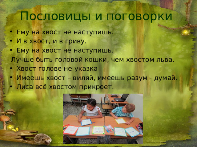 Пословицы и поговорки Ему на хвост не наступишь. И в хвост, и в гриву. Ему на хвост не наступишь.  Лучше быть головой кошки, чем хвостом льва. Хвост голове не указка Имеешь хвост – виляй, имеешь разум - думай. Лиса всё хвостом прикроет. 