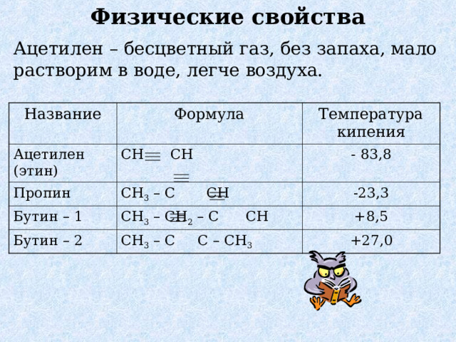 Физические свойства Ацетилен – бесцветный газ, без запаха, мало растворим в воде, легче воздуха. Название Формула Ацетилен (этин) Пропин С H    CH Температура кипения С H 3 – С   CH Бутин – 1 - 83,8 С H 3 – CH 2 –  С   CH Бутин – 2 -23,3 С H 3 – C   С – CH 3  +8,5 +27,0 