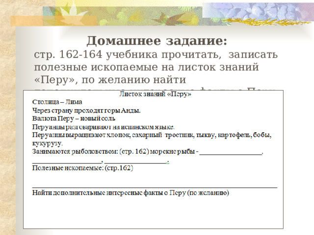 Домашнее задание: стр. 162-164 учебника прочитать, записать полезные ископаемые на листок знаний «Перу», по желанию найти дополнительные интересные факты о Перу. 