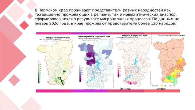 В Пермском крае проживают представители разных народностей как традиционно проживающих в регионе, так и новых этнических диаспор, сформировавшихся в результате миграционных процессов. По данным на январь 2026 года, в крае проживают представители более 120 народов. 01 04 03 02 Lorem ipsum Lorem ipsum Lorem ipsum Lorem ipsum dolor sit amet, consectetur adipiscing elit, sed do eiusmod tempor. Lorem ipsum dolor sit amet, consectetur adipiscing elit, sed do eiusmod tempor. Lorem ipsum dolor sit amet, consectetur adipiscing elit, sed do eiusmod tempor. 