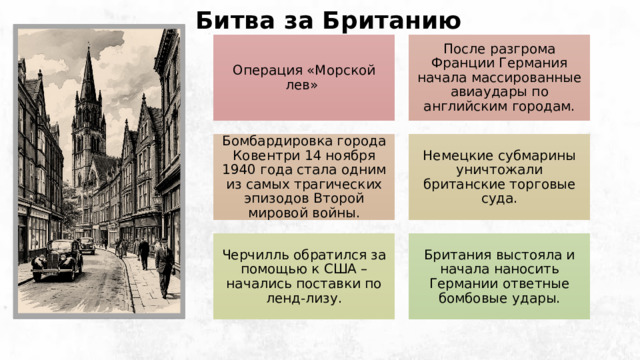 Битва за Британию Операция «Морской лев» После разгрома Франции Германия начала массированные авиаудары по английским городам. Бомбардировка города Ковентри 14 ноября 1940 года стала одним из самых трагических эпизодов Второй мировой войны. Немецкие субмарины уничтожали британские торговые суда. Черчилль обратился за помощью к США – начались поставки по ленд-лизу. Британия выстояла и начала наносить Германии ответные бомбовые удары. 