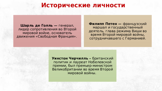 Исторические личности Шарль де Голль — генерал, лидер сопротивления во Второй мировой войне, основатель движения «Свободная Франция». Филипп Петен — французский маршал и государственный деятель, глава режима Виши во время Второй мировой войны, сотрудничавшего с Германией. Уинстон Черчилль – британский политик и лауреат Нобелевской премии, был премьер-министром Великобритании во время Второй мировой войны. 