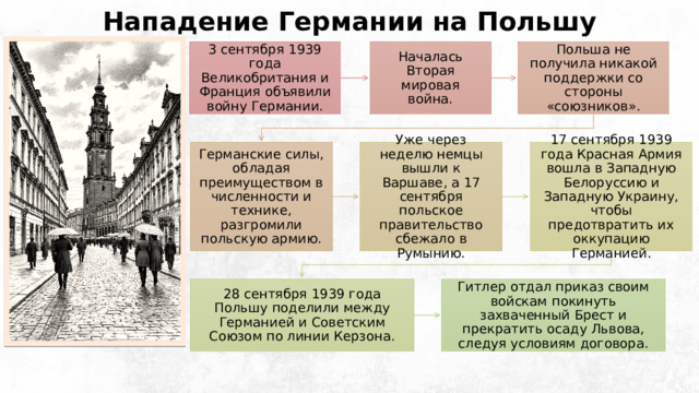 Нападение Германии на Польшу 3 сентября 1939 года Великобритания и Франция объявили войну Германии. Началась Вторая мировая война. Польша не получила никакой поддержки со стороны «союзников». Уже через неделю немцы вышли к Варшаве, а 17 сентября польское правительство сбежало в Румынию. Германские силы, обладая преимуществом в численности и технике, разгромили польскую армию. 17 сентября 1939 года Красная Армия вошла в Западную Белоруссию и Западную Украину, чтобы предотвратить их оккупацию Германией. 28 сентября 1939 года Польшу поделили между Германией и Советским Союзом по линии Керзона. Гитлер отдал приказ своим войскам покинуть захваченный Брест и прекратить осаду Львова, следуя условиям договора. 