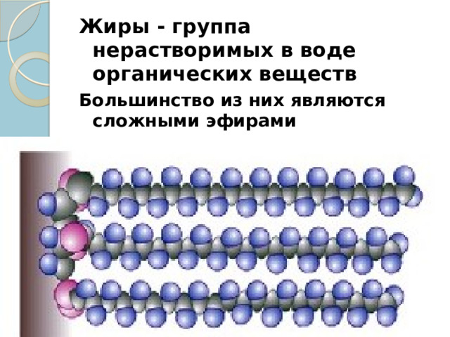 Жиры - группа нерастворимых в воде органических веществ Большинство из них являются сложными эфирами трехатомного спирта глицерина и высших жирных кислот 