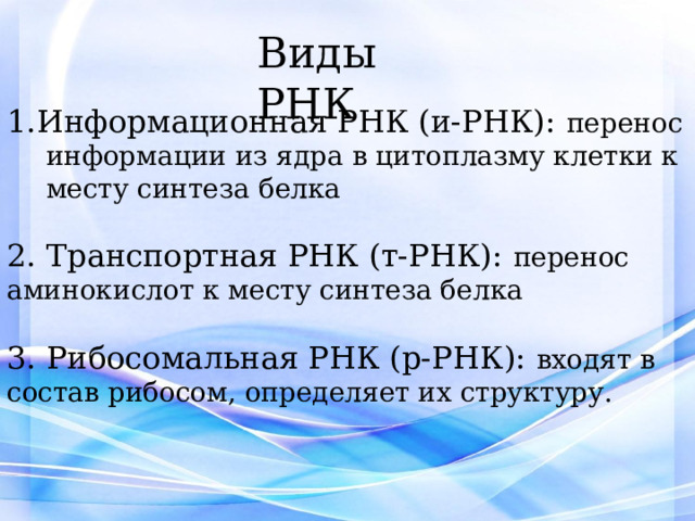 Виды РНК 1.Информационная РНК (и-РНК): перенос информации из ядра в цитоплазму клетки к месту синтеза белка 2. Транспортная РНК (т-РНК): перенос аминокислот к месту синтеза белка 3. Рибосомальная РНК (р-РНК): входят в состав рибосом, определяет их структуру. 