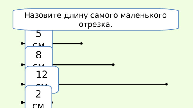На зовите длину самого маленького отрезка. 5 см 8  см 12  см 2  см 