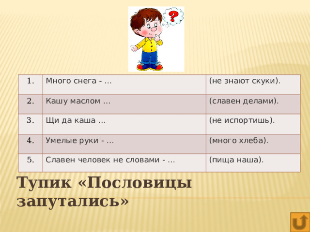 1. Много снега - … 2. 3. (не знают скуки). Кашу маслом … Щи да каша … (славен делами). 4. (не испортишь). Умелые руки - … 5. Славен человек не словами - … (много хлеба). (пища наша). Тупик «Пословицы запутались» 