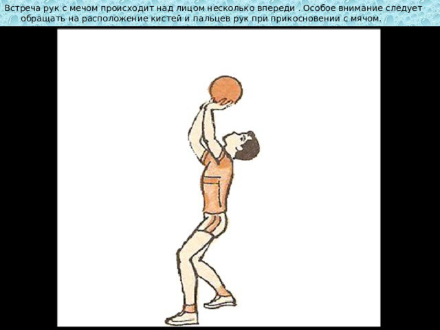Встреча рук с мечом происходит над лицом несколько впереди . Особое внимание следует обращать на расположение кистей и пальцев рук при прикосновении с мячом. 