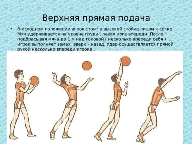 Верхняя прямая подача В исходном положении игрок стоит в высокой стойке лицом к сетке . Мяч удерживается на уровне груди , левая нога впереди .После подбрасывая мяча до 1 м над головой ( несколько впереди себя ) игрок выполняет замах вверх – назад. Удар осуществляется прямой рукой несколько впереди игрока . 