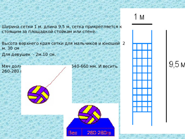 Ширина сетки 1 м. длина 9,5 м. сетка прикрепляется к стоящим за площадкой стойкам или стене. Высота верхнего края сетки для мальчиков и юношей 2 м. 30 см Для девушек - 2м.10 см. Мяч должен иметь окружность 640-660 мм. И весить 260-280 гр. 
