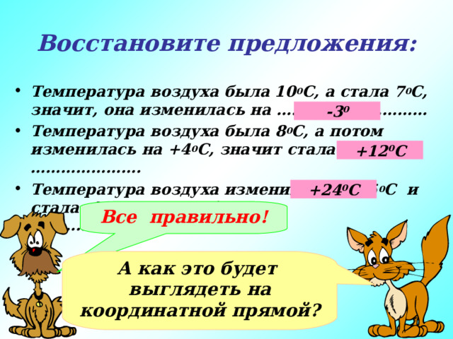Восстановите предложения: Температура воздуха была 10 0 С, а стала 7 0 С, значит, она изменилась на ………………………… Температура воздуха была 8 0 С, а потом изменилась на +4 0 С, значит стала …………………. Температура воздуха изменилась на -5 0 С и стала 19 0 С, значит была ……………………………….. -3 0 +12 0 С +24 0 С Все правильно! А как это будет выглядеть на координатной прямой? 