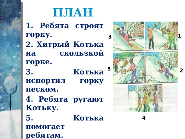 план 1. Ребята строят горку. 2. Хитрый Котька на скользкой горке. 3. Котька испортил горку песком. 4. Ребята ругают Котьку. 5. Котька помогает ребятам. 1 3 5 2 4 