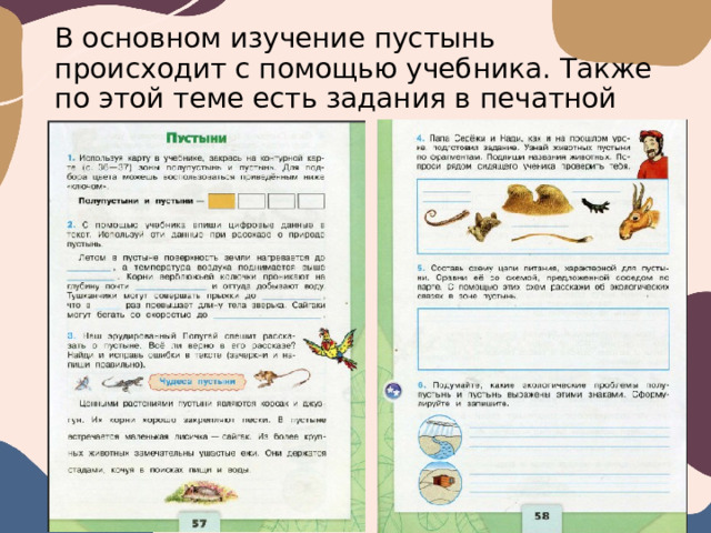 В основном изучение пустынь происходит с помощью учебника. Также по этой теме есть задания в печатной тетради  
