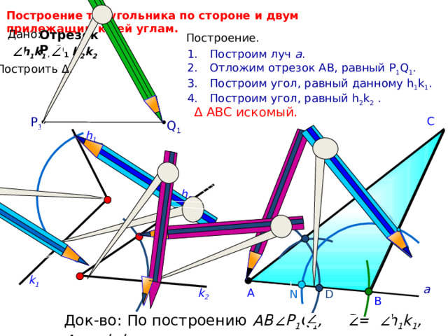 Построение треугольника по стороне и двум прилежащим к ней углам. Отрезок Р 1 Q 1 Дано: Построение.  h 1 k 1 , h 2 k 2 Построим луч а . Отложим отрезок АВ, равный P 1 Q 1 . Построим угол, равный данному h 1 k 1 . Построим угол, равный h 2 k 2 . Построить Δ.  Δ АВС искомый. С P 1 Q 1 h 1 h 2 k 1 а k 2 А D N В Док-во: По построению AB=P 1 Q 1 , В= h 1 k 1 , А= h 2 k 2 . 