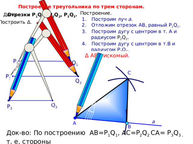Построение треугольника по трем сторонам. Построение. Отрезки Р 1 Q 1 , Р 2 Q 2 , P 3 Q 3 . Дано: Построим луч а . Отложим отрезок АВ, равный P 1 Q 1 . Построим дугу с центром в т. А и  радиусом Р 2 Q 2 . Построим дугу с центром в т.В и  радиусом P 3 Q 3 . Построить Δ.  Δ АВС искомый. P 1 Q 1 С P 2 Q 2 Q 3 P 3 а А В Док-во: По построению AB=P 1 Q 1 , AC=P 2 Q 2 CA= P 3 Q 3 , т. е. стороны  Δ ABC равны данным отрезкам. 