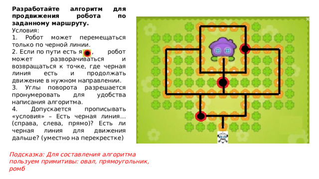 Разработайте алгоритм для продвижения робота по заданному маршруту. Условия: 1. Робот может перемещаться только по черной линии. 2. Если по пути есть ямы, робот может разворачиваться и возвращаться к точке, где черная линия есть и продолжать движение в нужном направлении. 3. Углы поворота разрешается пронумеровать для удобства написания алгоритма. 4. Допускается прописывать «условия» – Есть черная линия… (справа, слева, прямо)? Есть ли черная линия для движения дальше? (уместно на перекрестке) Подсказка: Для составления алгоритма пользуем примитивы: овал, прямоугольник, ромб 