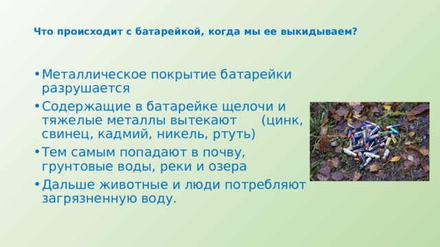 Что происходит с батарейкой, когда мы ее выкидываем?   Металлическое покрытие батарейки разрушается Содержащие в батарейке щелочи и тяжелые металлы вытекают (цинк, свинец, кадмий, никель, ртуть) Тем самым попадают в почву, грунтовые воды, реки и озера Дальше животные и люди потребляют загрязненную воду. 