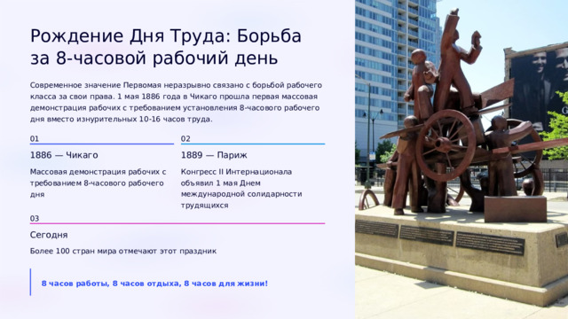 Рождение Дня Труда: Борьба за 8-часовой рабочий день Современное значение Первомая неразрывно связано с борьбой рабочего класса за свои права. 1 мая 1886 года в Чикаго прошла первая массовая демонстрация рабочих с требованием установления 8-часового рабочего дня вместо изнурительных 10-16 часов труда. 02 01 1889 — Париж 1886 — Чикаго Массовая демонстрация рабочих с требованием 8-часового рабочего дня Конгресс II Интернационала объявил 1 мая Днем международной солидарности трудящихся 03 Сегодня Более 100 стран мира отмечают этот праздник 8 часов работы, 8 часов отдыха, 8 часов для жизни!  