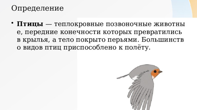 Определение Птицы — теплокровные позвоночные животные, передние конечности которых превратились в крылья, а тело покрыто перьями. Большинство видов птиц приспособлено к полёту. 