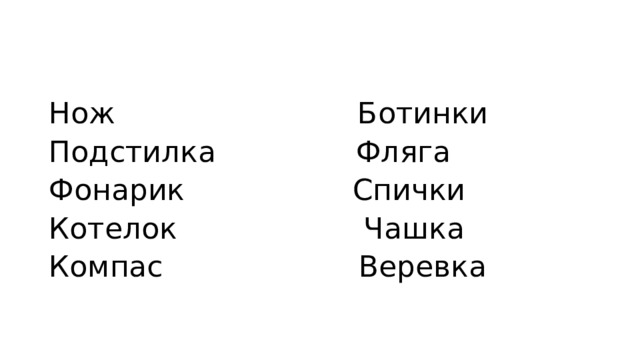 Нож Ботинки Подстилка Фляга Фонарик Спички Котелок   Чашка Компас   Веревка 
