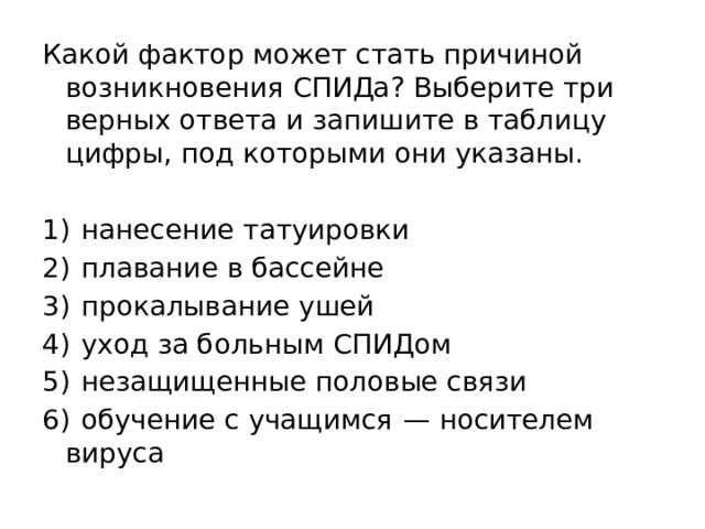 Какой фактор может стать причиной возникновения СПИДа? Выберите три верных ответа и запишите в таблицу цифры, под которыми они указаны.   1)  нанесение татуировки 2)  плавание в бассейне 3)  прокалывание ушей 4)  уход за больным СПИДом 5)  незащищенные половые связи 6)  обучение с учащимся  — носителем вируса 