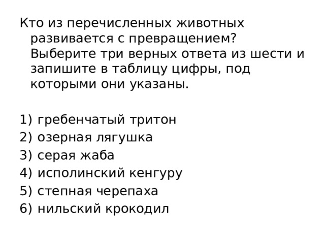 Кто из перечисленных животных развивается с превращением? Выберите три верных ответа из шести и запишите в таблицу цифры, под которыми они указаны.   1)  гребенчатый тритон 2)  озерная лягушка 3)  серая жаба 4)  исполинский кенгуру 5)  степная черепаха 6)  нильский крокодил 