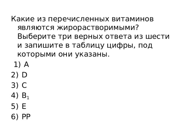 Какие из перечисленных витаминов являются жирорастворимыми? Выберите три верных ответа из шести и запишите в таблицу цифры, под которыми они указаны.   1)  А 2)  D 3)  С 4)  В 1 5)  Е 6)  РР 