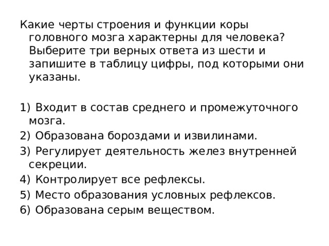 Какие черты строения и функции коры головного мозга характерны для человека? Выберите три верных ответа из шести и запишите в таблицу цифры, под которыми они указаны.   1)  Входит в состав среднего и промежуточного мозга. 2)  Образована бороздами и извилинами. 3)  Регулирует деятельность желез внутренней секреции. 4)  Контролирует все рефлексы. 5)  Место образования условных рефлексов. 6)  Образована серым веществом. 