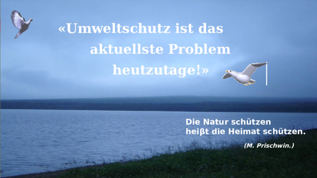 «Umweltschutz ist das Der Umweltschutz  aktuellste Problem   heutzutage!» Die Natur schützen heiβt die Heimat schützen. (M. Prischwin.) 