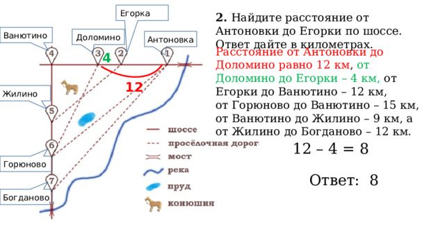 Егорка 2.  Найдите расстояние от Антоновки до Егорки по шоссе. Ответ дайте в километрах. Ванютино Доломино Антоновка Расстояние от Антоновки до Доломино равно 12 км , от Доломино до Егорки – 4 км, от Егорки до Ванютино – 12 км, от Горюново до Ванютино – 15 км, от Ванютино до Жилино – 9 км, а от Жилино до Богданово – 12 км. 4 12 Жилино 12 – 4 = 8 Горюново Ответ: 8 Богданово 