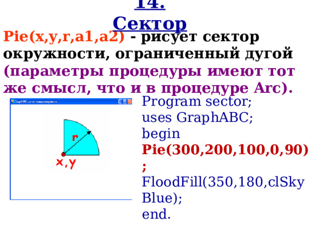 14. Сектор Pie(x,y,r,a1,a2 )  - рисует сектор окружности, ограниченный дугой (параметры процедуры имеют тот же смысл, что и в процедуре Arc).  Program sector; uses GraphABC; begin Pie(300,200,100,0,90); FloodFill( 350 , 180 ,cl SkyBlue ); end. 
