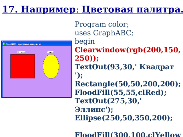 17. Например :  Цветовая палитра. Program color ; uses GraphABC; begin Clearwindow(rgb(200,150,250)); TextOut(93,30,' Квадрат '); Rectangle(50,50,200,200); FloodFill(55,55,clRed); TextOut(275,30,' Эллипс'); Ellipse(250,50,350,200); FloodFill( 300 , 100 ,clYellow); end. 