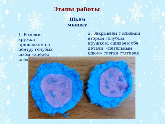 Этапы работы Шьем мышку 2. Закрываем с изнанки вторым голубым кружком, сшиваем обе детали «петельным швом» слегка стягивая край 1. Розовые кружки пришиваем по центру голубых швом «вперед иголка» 
