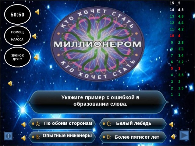 15 5 14 4,8 13 4,6 12 11 4,4 10 4,2 9 4 8 3,8 7 3,6 6 3,4 5 3,2 4 3 3 2,5 2 2 1 1,5 1 50:50 ПОМОЩЬ КЛАССА ЗВОНОК ДРУГУ Укажите пример с ошибкой в образовании слова. Белый лебедь По обоим сторонам Опытные инженеры Более пятисот лет 