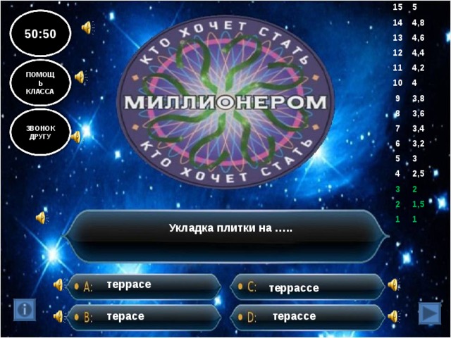 15 5 14 4,8 13 4,6 12 11 4,4 10 4,2 9 4 8 3,8 7 3,6 6 3,4 5 3,2 4 3 3 2,5 2 2 1,5 1 1 50:50 ПОМОЩЬ КЛАССА ЗВОНОК ДРУГУ Укладка плитки на ….. террасе террассе терасе терассе 