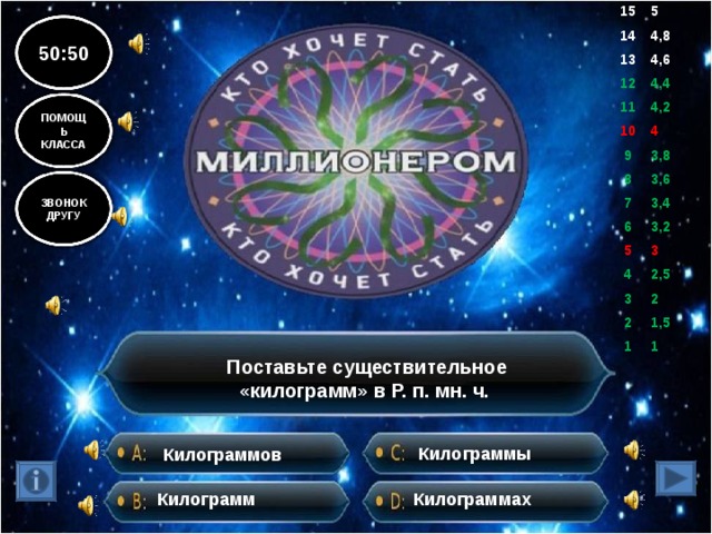 15 5 14 4,8 13 4,6 12 11 4,4 10 4,2 9 4 8 3,8 7 3,6 6 3,4 5 3,2 4 3 3 2,5 2 2 1 1,5 1 50:50 ПОМОЩЬ КЛАССА ЗВОНОК ДРУГУ Поставьте существительное «килограмм» в Р. п. мн. ч. Килограммы Килограммов Килограмм Килограммах 