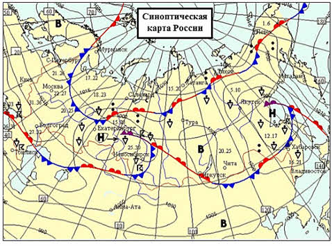 Прогностическая карта с фронтальным анализом приземная