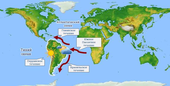 Течения западных и восточных побережий материков. Южная Америка бразильское течение. Течения: перуанское, Гвианское, бразильское.. Тёплые течения: Гвианское, бразильское.. Бразильское течение.