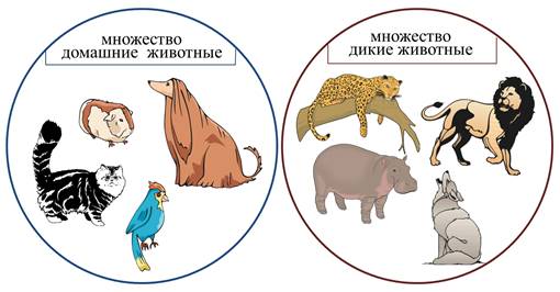 Объединение животных. Множество диких животных множество домашних животных. Пересечение множеств животные. Примеры множеств животных. Множества Дикие животные.